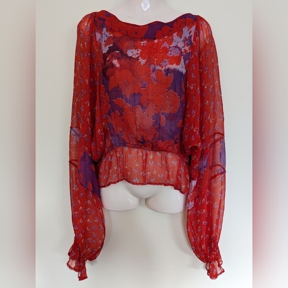 Free People sheer boho printed blouse top medium - Picture 3 of 12